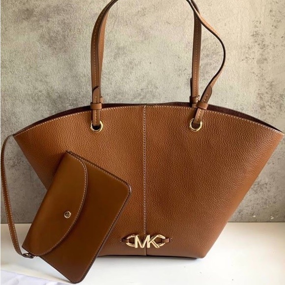 MICHAEL Michael Kors Luggage Brown Leather IZZY FAN TOTE SET Handbag Purse Tote - Picture 9 of 9